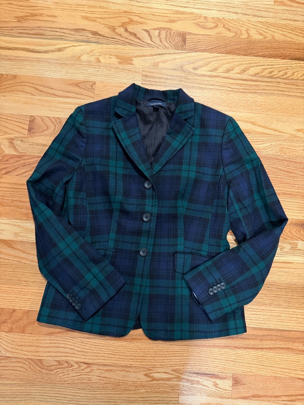 Lands’ End 100% Wool Black Watch Plaid Blazer Jacket Size 12